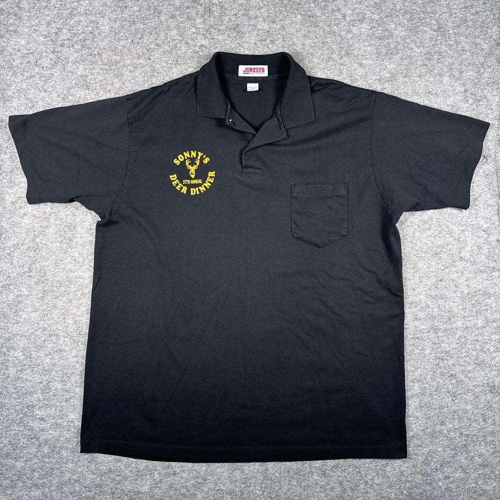 Vtg Polo Tee Mens XL Black Sonnys Deer Dinner Hunting Pocket USA Single Stitch